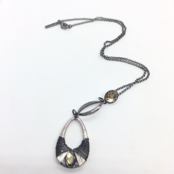 3/$30 NINE WEST GUNMETAL SILVER TONE WIRE WRAP YELLOW CRYSTAL PENDANT NECKLACE - Picture 10 of 12